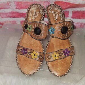 Spring Step Brown Leather Ambrosia Heeled Sandals with Flowers Beads US-6.5